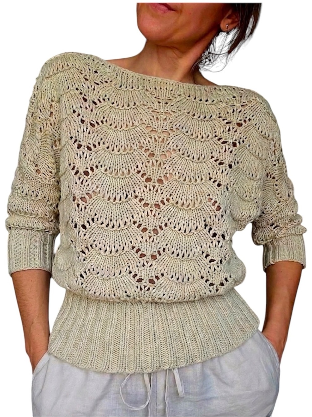 Loft Cream Scalloped Knit 100% Cotton 3/4 Sleeve Cropped Sweater Size Large